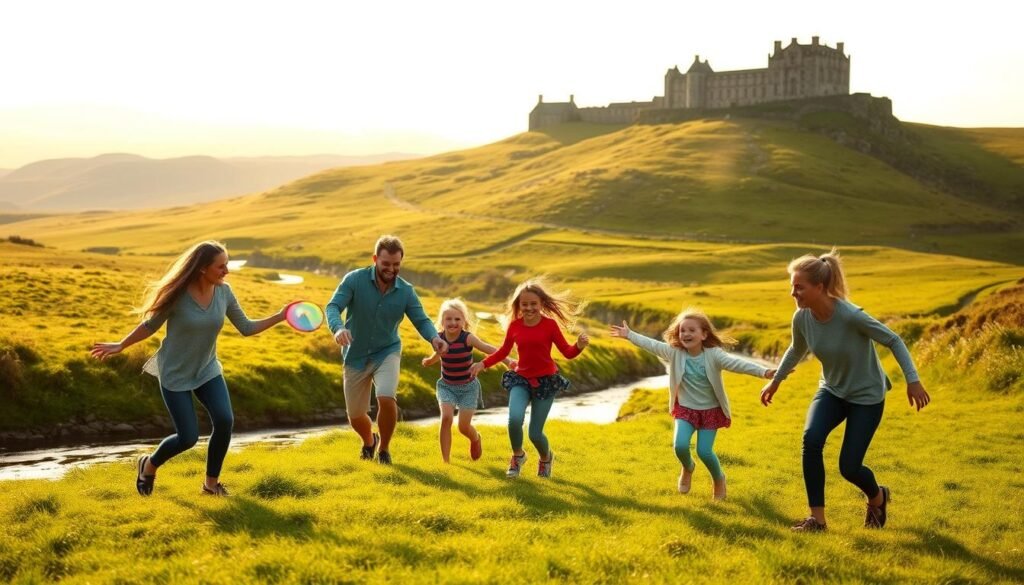 A picturesque family enjoying a lively outdoor adventure in the lush, rolling hills of Ireland's idyllic countryside. In the foreground, a cheerful group of parents and children engage in a spirited game of frisbee, their laughter and delight captured in a soft, golden afternoon light. The middle ground showcases a tranquil stream winding through verdant meadows, while the background features a majestic castle perched atop a distant hilltop, bathed in a warm, hazy glow. The scene evokes a sense of carefree joy, family bonding, and the natural splendor that Ireland so readily provides for all ages to discover and cherish. A picturesque family enjoying a lively outdoor adventure in the lush, rolling hills of Ireland's idyllic countryside. In the foreground, a cheerful group of parents and children engage in a spirited game of frisbee, their laughter and delight captured in a soft, golden afternoon light. The middle ground showcases a tranquil stream winding through verdant meadows, while the background features a majestic castle perched atop a distant hilltop, bathed in a warm, hazy glow. The scene evokes a sense of carefree joy, family bonding, and the natural splendor that Ireland so readily provides for all ages to discover and cherish.