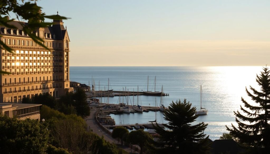 A picturesque harbor vista, where the tranquil waters of Lake Michigan meet the charming shoreline of a quaint coastal town. In the foreground, a grand hotel stands tall, its stately architecture and gleaming windows reflecting the golden hues of the setting sun. Framing the scene, lush greenery and swaying trees line the promenade, creating a serene and inviting atmosphere. In the middle ground, sailboats and fishing vessels dot the harbor, their masts and rigging casting intriguing shadows across the glistening surface. The background is dominated by a panoramic view of the distant horizon, where the boundless lake and the boundless sky seem to merge seamlessly, infusing the entire scene with a sense of peaceful solitude and natural wonder.