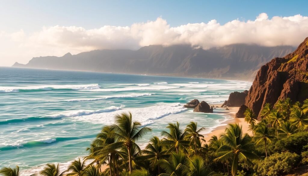 A picturesque island scene with rolling surf and dramatic rocky cliffs. In the foreground, a beautiful sandy beach is dotted with palm trees swaying in a gentle breeze. The middle ground features a sparkling turquoise ocean, with large waves crashing against the shore. In the background, towering volcanic mountains rise up, their peaks shrouded in wispy clouds. The lighting is warm and golden, creating a serene and inviting atmosphere. The overall composition captures the essence of an idyllic tropical surf destination. A picturesque island scene with rolling surf and dramatic rocky cliffs. In the foreground, a beautiful sandy beach is dotted with palm trees swaying in a gentle breeze. The middle ground features a sparkling turquoise ocean, with large waves crashing against the shore. In the background, towering volcanic mountains rise up, their peaks shrouded in wispy clouds. The lighting is warm and golden, creating a serene and inviting atmosphere. The overall composition captures the essence of an idyllic tropical surf destination.