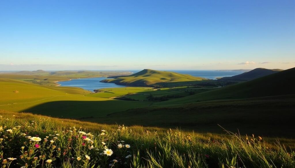 A picturesque landscape at the height of daylight hours, showcasing the natural beauty of Ireland. A vast expanse of rolling green hills, dotted with wildflowers and kissed by the warm, golden glow of the midday sun. In the distance, a serene lake reflects the azure sky, its surface gently rippled by a soft breeze. The foreground is alive with lush vegetation, casting delicate shadows that dance across the scene. The overall atmosphere is one of tranquility and vibrant, natural splendor, perfectly capturing the essence of the optimal time to visit this enchanting country. A picturesque landscape at the height of daylight hours, showcasing the natural beauty of Ireland. A vast expanse of rolling green hills, dotted with wildflowers and kissed by the warm, golden glow of the midday sun. In the distance, a serene lake reflects the azure sky, its surface gently rippled by a soft breeze. The foreground is alive with lush vegetation, casting delicate shadows that dance across the scene. The overall atmosphere is one of tranquility and vibrant, natural splendor, perfectly capturing the essence of the optimal time to visit this enchanting country.