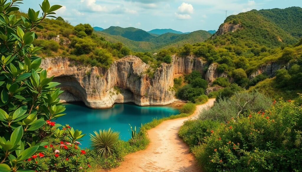 A picturesque landscape in Mexico, showcasing the country's diverse and breathtaking natural beauty. In the foreground, vibrant green foliage and colorful flowers frame a winding path leading to a serene, turquoise-blue cenote, its crystal-clear waters inviting exploration. In the middle ground, rugged limestone cliffs rise majestically, their weathered surfaces reflecting the warm, golden light of the afternoon sun. In the background, rolling hills covered in lush, verdant vegetation stretch out towards the horizon, creating a sense of depth and scale. The overall scene exudes a peaceful, tranquil atmosphere, capturing the essence of the best places to visit in Mexico.