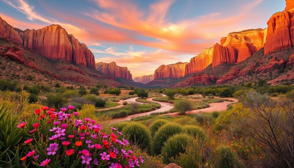 A picturesque landscape of Zion National Park in Utah, captured during the golden hour. The foreground showcases vibrant wildflowers and lush greenery, leading the eye towards towering red sandstone cliffs in the middle ground. The sky is painted with warm hues of orange and pink, casting a soft, magical glow across the scene. A small winding river reflects the surrounding beauty, creating a serene and tranquil atmosphere. Wispy clouds drift lazily overhead, completing the idyllic and serene setting that embodies the best time to visit this stunning natural wonder. A picturesque landscape of Zion National Park in Utah, captured during the golden hour. The foreground showcases vibrant wildflowers and lush greenery, leading the eye towards towering red sandstone cliffs in the middle ground. The sky is painted with warm hues of orange and pink, casting a soft, magical glow across the scene. A small winding river reflects the surrounding beauty, creating a serene and tranquil atmosphere. Wispy clouds drift lazily overhead, completing the idyllic and serene setting that embodies the best time to visit this stunning natural wonder.