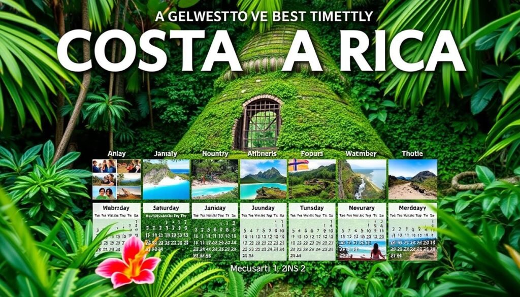 A picturesque month-by-month guide to the best times to visit Costa Rica, showcasing the country's diverse landscapes and vibrant wildlife. Set against a lush, tropical backdrop, the image should depict a visually compelling calendar layout with iconic Costa Rican elements like verdant rainforests, pristine beaches, and colorful indigenous flora and fauna. Each month should be represented by a striking photograph or illustration that captures the unique characteristics and seasonal highlights of that time of year, creating a comprehensive and visually captivating resource for planning the ultimate Costa Rican adventure.