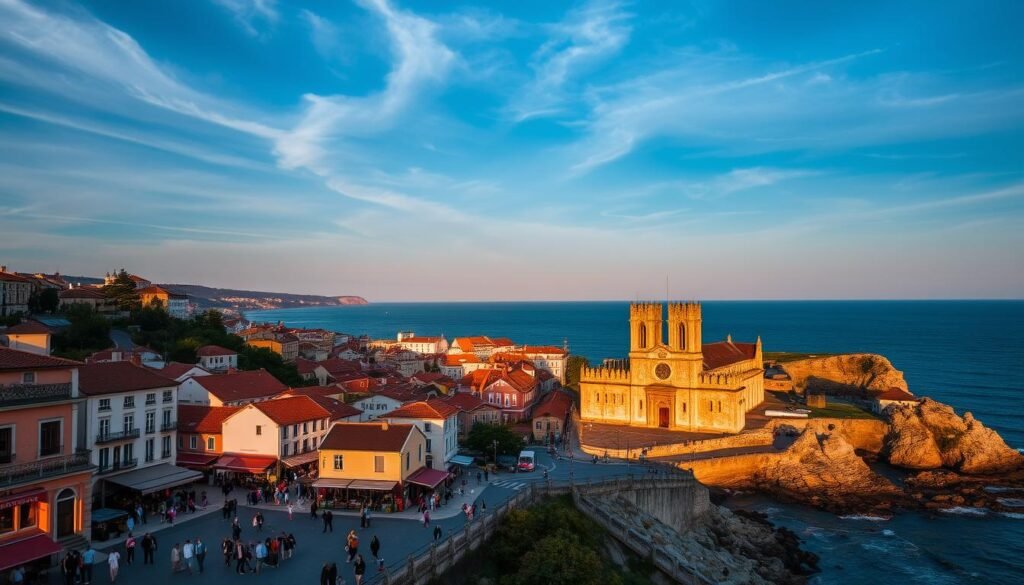 A picturesque northern Spanish city nestled along the rugged coastline, its historic architecture bathed in the warm glow of golden hour. In the foreground, a bustling promenade lined with vibrant Basque cafes and boutiques, locals and tourists mingling amidst the lively energy. The middle ground reveals the city's iconic landmarks - a grand cathedral with intricate stone facades, its towers reaching skyward. In the distance, the deep blue of the Atlantic Ocean meets the horizon, dramatic cliffs and rocky outcroppings framing the scene. Overhead, wispy clouds dance across a dusky sky, lending an air of tranquility to the captivating coastal vista.