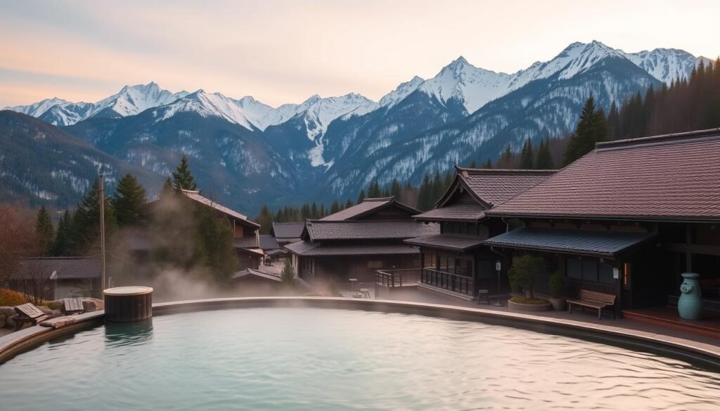 A picturesque onsen nestled in the serene Japanese Alps, surrounded by majestic snow-capped peaks and lush forest. In the foreground, a tranquil outdoor hot spring, its steaming waters inviting visitors to relax and unwind. The middle ground features traditional ryokan buildings with tiled roofs, their elegant architecture blending seamlessly with the natural landscape. In the background, a backdrop of towering mountains, their jagged silhouettes against a soft, pastel sky. The scene is bathed in a warm, golden glow, creating a cozy and inviting atmosphere. The image conveys a sense of timelessness, a place where centuries-old traditions and the beauty of nature converge. A picturesque onsen nestled in the serene Japanese Alps, surrounded by majestic snow-capped peaks and lush forest. In the foreground, a tranquil outdoor hot spring, its steaming waters inviting visitors to relax and unwind. The middle ground features traditional ryokan buildings with tiled roofs, their elegant architecture blending seamlessly with the natural landscape. In the background, a backdrop of towering mountains, their jagged silhouettes against a soft, pastel sky. The scene is bathed in a warm, golden glow, creating a cozy and inviting atmosphere. The image conveys a sense of timelessness, a place where centuries-old traditions and the beauty of nature converge.