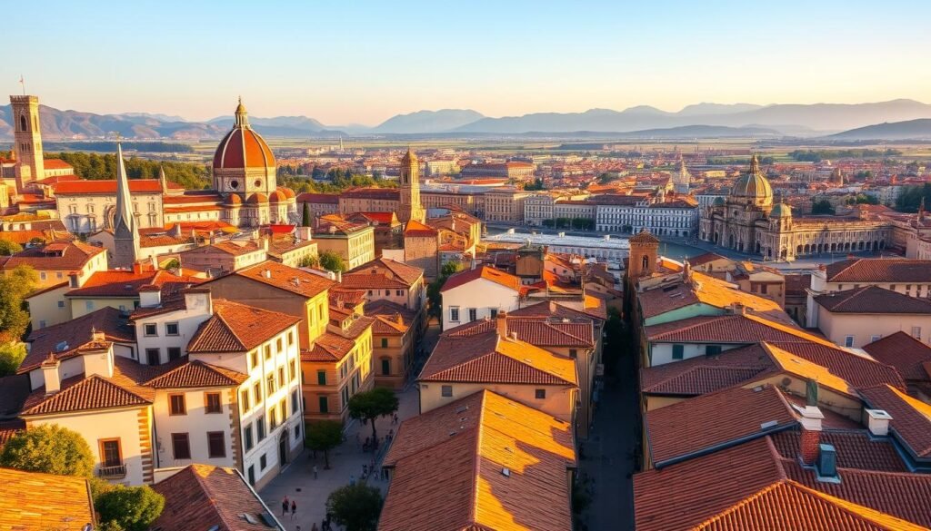 A picturesque panorama of Italy's most captivating cities, bathed in warm golden light and vibrant colors. In the foreground, charming medieval architecture with terracotta roofs and quaint cobblestone streets. In the middle ground, iconic landmarks like the Duomo of Florence, the canals of Venice, and the Colosseum of Rome. In the distance, the rolling hills of the Italian countryside, with the majestic Alps towering in the background. The scene exudes a sense of timeless elegance, history, and the quintessential Italian lifestyle - a perfect illustration of the country's culture-soaked cities, natural beauty, and renowned cuisine.