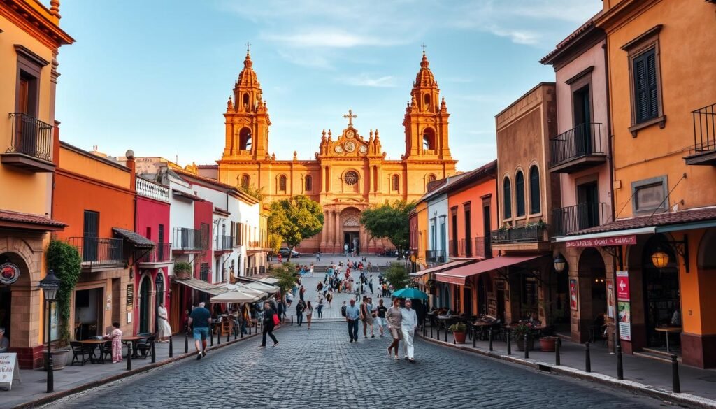 A picturesque scene of San Miguel de Allende, a vibrant and historic city in central Mexico. In the foreground, cobblestone streets lined with colorful colonial-style buildings, their facade adorned with intricate architectural details. In the middle ground, a central plaza surrounded by quaint cafes and artisanal shops, bustling with locals and visitors alike. In the background, the iconic silhouette of the Parroquia de San Miguel Arcángel, a stunning 17th-century neo-Gothic church with its towering pink stone spires. The warm, golden light of the afternoon sun casts a soft, romantic glow over the entire scene, capturing the city's timeless charm and UNESCO World Heritage-designated beauty.