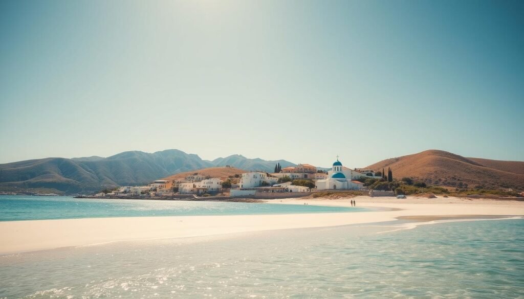 A picturesque scene of the Cycladic islands of Naxos and Paros, bathed in warm Mediterranean sunlight. In the foreground, a serene beach with soft white sand and clear turquoise waters lapping at the shore. In the middle ground, the iconic whitewashed buildings and blue-domed churches of a traditional Grecian village, nestled between rolling hills. In the background, the dramatic silhouettes of the islands' rugged, mountainous terrain, their slopes dotted with olive groves and cypresses. The overall mood is one of tranquil, unspoiled beauty, capturing the essence of Cycladic charm. Captured with a wide-angle lens to showcase the breathtaking vistas, the image evokes a sense of peaceful contemplation.