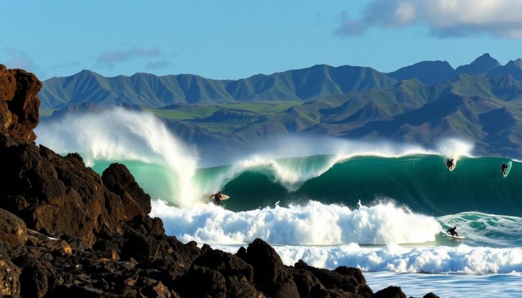A picturesque scene of the famed North Shore of Oahu, Hawaii, during the prime winter surf season. In the foreground, a towering wave crashes against volcanic rock formations, its curling white crest illuminated by the warm glow of the tropical sun. In the middle ground, surfers deftly navigate the powerful swell, their silhouettes frozen in mid-ride. The background showcases the lush, verdant hills and valleys of the island's interior, framed by a clear, azure sky. The atmosphere is one of raw, unbridled energy, capturing the essence of Hawaii's legendary big wave surfing culture during the peak of the winter season. A picturesque scene of the famed North Shore of Oahu, Hawaii, during the prime winter surf season. In the foreground, a towering wave crashes against volcanic rock formations, its curling white crest illuminated by the warm glow of the tropical sun. In the middle ground, surfers deftly navigate the powerful swell, their silhouettes frozen in mid-ride. The background showcases the lush, verdant hills and valleys of the island's interior, framed by a clear, azure sky. The atmosphere is one of raw, unbridled energy, capturing the essence of Hawaii's legendary big wave surfing culture during the peak of the winter season.