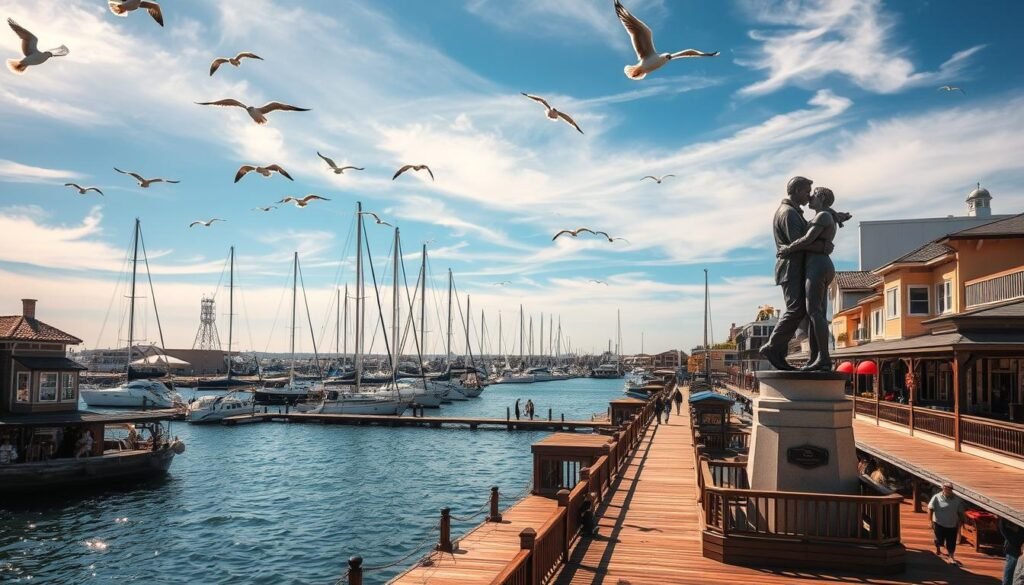 A picturesque seaport village nestled along the sparkling waters of San Diego's harbor. In the foreground, wooden boardwalks and quaint shops line the bustling promenade, inviting visitors to stroll and browse. Towering masts of sailboats and yachts sway gently in the background, casting reflections on the calm, azure surface. Seagulls soar overhead, their cries mingling with the laughter and chatter of people enjoying the laid-back, maritime atmosphere. Warm, golden sunlight filters through wispy clouds, illuminating the weathered facades and creating a soft, inviting glow. The iconic "Kissing Sailor" statue stands proudly, capturing the romantic spirit of this classic California waterfront destination. A picturesque seaport village nestled along the sparkling waters of San Diego's harbor. In the foreground, wooden boardwalks and quaint shops line the bustling promenade, inviting visitors to stroll and browse. Towering masts of sailboats and yachts sway gently in the background, casting reflections on the calm, azure surface. Seagulls soar overhead, their cries mingling with the laughter and chatter of people enjoying the laid-back, maritime atmosphere. Warm, golden sunlight filters through wispy clouds, illuminating the weathered facades and creating a soft, inviting glow. The iconic "Kissing Sailor" statue stands proudly, capturing the romantic spirit of this classic California waterfront destination.
