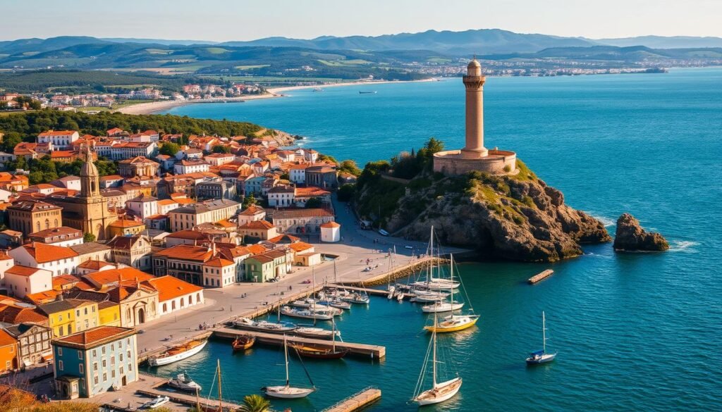 A picturesque seaside city in Galicia, Spain, bathed in golden afternoon light. The historic old town with its charming cobblestone streets and colorful buildings, ancient churches, and lively plazas. In the foreground, a bustling harbor with traditional fishing boats and sailboats at anchor. The iconic Torre de Hércules lighthouse standing tall on the rocky cliffs, overlooking the sparkling azure waters of the Atlantic. In the distance, the rolling green hills and forests of the Galician countryside, hinting at the Camino de Santiago pilgrimage route winding through the landscape. A serene, timeless atmosphere that captures the essence of Galicia and its rich cultural heritage. A picturesque seaside city in Galicia, Spain, bathed in golden afternoon light. The historic old town with its charming cobblestone streets and colorful buildings, ancient churches, and lively plazas. In the foreground, a bustling harbor with traditional fishing boats and sailboats at anchor. The iconic Torre de Hércules lighthouse standing tall on the rocky cliffs, overlooking the sparkling azure waters of the Atlantic. In the distance, the rolling green hills and forests of the Galician countryside, hinting at the Camino de Santiago pilgrimage route winding through the landscape. A serene, timeless atmosphere that captures the essence of Galicia and its rich cultural heritage.