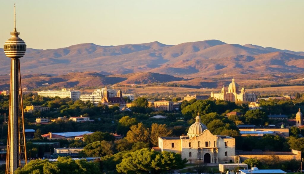 A picturesque skyline of San Antonio, Texas, illuminated by warm, golden sunlight. In the foreground, the iconic Tower of the Americas stands tall, its observation deck offering sweeping views of the city. The middle ground features the historic Spanish missions, including the renowned Alamo, nestled among lush, verdant landscapes. In the background, the rugged Hill Country provides a stunning natural backdrop, with rolling hills and distant peaks. The scene conveys a sense of vibrant energy and cultural richness, inviting the viewer to explore the diverse wonders of this remarkable Texan destination.