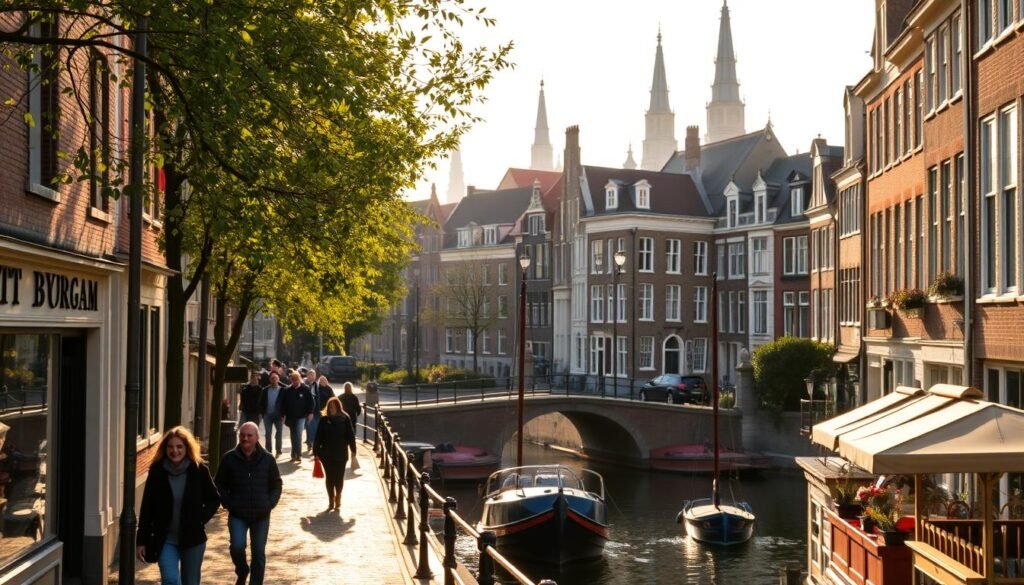 A picturesque street in Amsterdam's charming Jordaan neighborhood, lined with quaint historic buildings, cobblestone walkways, and idyllic canals. Warm, golden sunlight filters through the trees, casting a gentle glow over the scene. In the foreground, passersby stroll leisurely, perhaps stopping to browse the local boutiques and cafes. The middle ground features a picturesque canal, with traditional Dutch boats and bridges. In the background, the distinctive gabled rooftops and church spires of the Jordaan skyline create a quintessentially Amsterdam atmosphere. Capture the neighborhood's enduring character and appeal, inviting the viewer to explore its timeless charms.