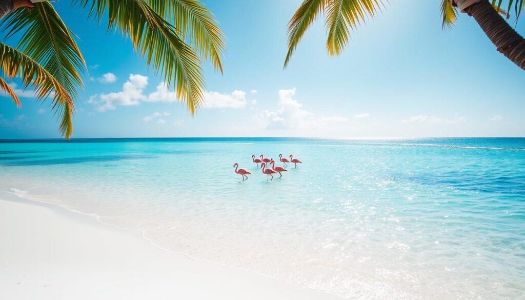 A picturesque stretch of powdery white sand meets turquoise waters on the idyllic shores of Isla Holbox. Framing the tranquil scene, swaying palm trees cast gentle shadows under a cloudless azure sky. Sunlight dances across the calm surface, creating a shimmering, almost bioluminescent effect. In the distance, a small group of flamingos gracefully wade through the shallow waves, their vibrant pink plumage standing out against the serene backdrop. The overall atmosphere exudes a laid-back, island glow, inviting viewers to imagine the soothing sounds of the lapping waves and the gentle island breeze.