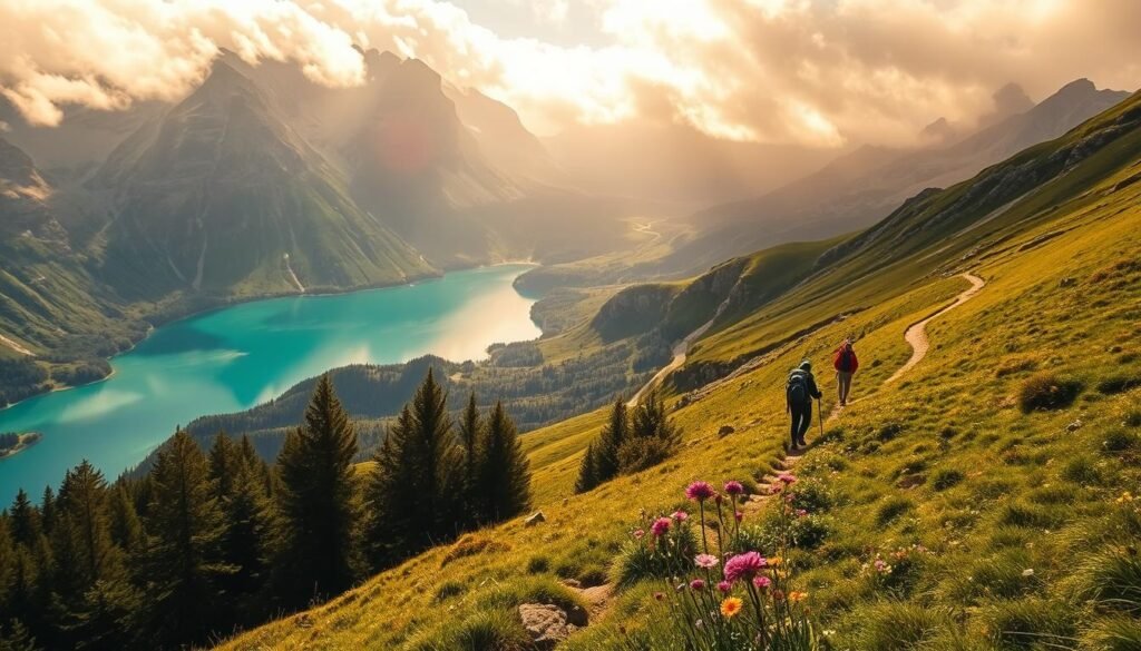 A picturesque summer hiking trail winds through lush, verdant alpine meadows, leading towards a serene, turquoise-hued lake nestled between rugged, snow-capped peaks. Hikers traverse the path, taking in the breathtaking vistas of the Swiss landscape. Warm, golden sunlight filters through wispy clouds, casting a soft, ethereal glow over the scene. In the foreground, wildflowers in vibrant hues dot the landscape, adding pops of color. The tranquil waters of the lake reflect the surrounding mountains, creating a mirror-like effect. The overall atmosphere is one of peaceful exploration, where the beauty of nature takes center stage. A picturesque summer hiking trail winds through lush, verdant alpine meadows, leading towards a serene, turquoise-hued lake nestled between rugged, snow-capped peaks. Hikers traverse the path, taking in the breathtaking vistas of the Swiss landscape. Warm, golden sunlight filters through wispy clouds, casting a soft, ethereal glow over the scene. In the foreground, wildflowers in vibrant hues dot the landscape, adding pops of color. The tranquil waters of the lake reflect the surrounding mountains, creating a mirror-like effect. The overall atmosphere is one of peaceful exploration, where the beauty of nature takes center stage.
