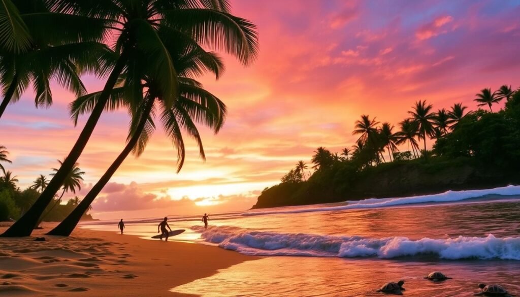 A picturesque tropical beach in Tamarindo, Costa Rica. Lush palm trees sway gently in the warm breeze, casting gentle shadows on the golden sand. In the foreground, surfers ride the rolling waves, their silhouettes captured mid-motion against a stunning sunset. The sky is ablaze with vibrant hues of orange, pink, and purple, reflecting in the tranquil waters. In the distance, a group of sea turtles can be seen emerging from the surf, creating a captivating natural scene. The overall atmosphere is one of serene relaxation and a sense of connection with the breathtaking natural beauty of this coastal paradise.