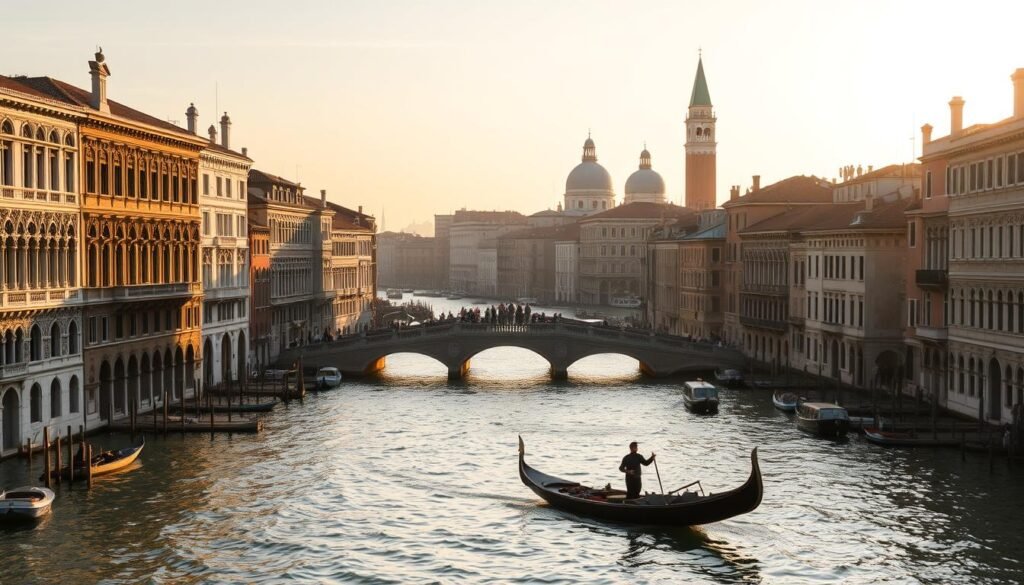 A picturesque view of Venice's iconic canals, with ornate Gothic palazzi lining the banks. The soft, golden light of the evening sun illuminates the intricate facades, casting warm reflections on the gently lapping waters. In the foreground, a lone gondola glides peacefully, its gondolier navigating the quiet backstreets. In the middle ground, a network of narrow bridges connects the labyrinth of small islands, while in the distance, the iconic domes and spires of St. Mark's Basilica and the Campanile tower rise majestically against a hazy, romantic sky. The scene exudes a sense of timeless enchantment, transporting the viewer to the magical lagoon beyond the crowds. A picturesque view of Venice's iconic canals, with ornate Gothic palazzi lining the banks. The soft, golden light of the evening sun illuminates the intricate facades, casting warm reflections on the gently lapping waters. In the foreground, a lone gondola glides peacefully, its gondolier navigating the quiet backstreets. In the middle ground, a network of narrow bridges connects the labyrinth of small islands, while in the distance, the iconic domes and spires of St. Mark's Basilica and the Campanile tower rise majestically against a hazy, romantic sky. The scene exudes a sense of timeless enchantment, transporting the viewer to the magical lagoon beyond the crowds.