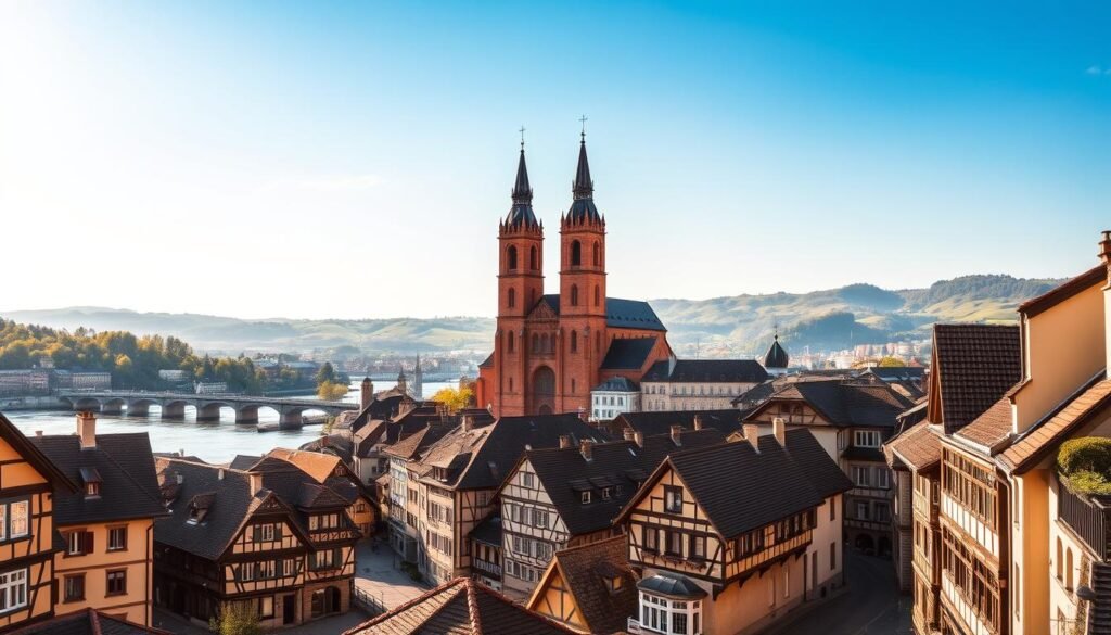 A picturesque view of the historic city of Basel, Switzerland, nestled along the banks of the majestic Rhine River. In the foreground, cobblestone streets and charming half-timbered buildings evoke a timeless European atmosphere. Middle ground features the iconic Münster Cathedral, its red sandstone facade and twin towers standing as a testament to the city's rich architectural heritage. In the background, the rolling hills and lush greenery of the surrounding landscape provide a serene counterpoint to the vibrant urban energy. Warm, diffused sunlight bathes the scene, casting a golden glow and creating a sense of tranquility. A wide-angle lens captures the panoramic scope, showcasing Basel's harmonious blend of old-world charm and modern vibrancy. A picturesque view of the historic city of Basel, Switzerland, nestled along the banks of the majestic Rhine River. In the foreground, cobblestone streets and charming half-timbered buildings evoke a timeless European atmosphere. Middle ground features the iconic Münster Cathedral, its red sandstone facade and twin towers standing as a testament to the city's rich architectural heritage. In the background, the rolling hills and lush greenery of the surrounding landscape provide a serene counterpoint to the vibrant urban energy. Warm, diffused sunlight bathes the scene, casting a golden glow and creating a sense of tranquility. A wide-angle lens captures the panoramic scope, showcasing Basel's harmonious blend of old-world charm and modern vibrancy.