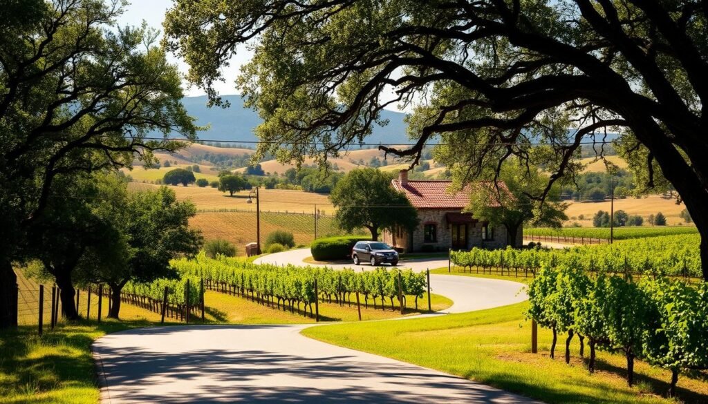 A picturesque vineyard road winds through the heart of Texas Hill Country, flanked by rolling hills and lush vineyards. Dappled sunlight filters through the canopy of live oak trees, casting a warm glow over the scene. In the distance, a quaint winery comes into view, its red-tiled roof and stone facade blending seamlessly with the surrounding landscape. The road is dotted with charming tasting rooms and boutique shops, inviting visitors to explore the rich tapestry of the local wine culture. A sense of tranquility and abundance pervades the air, capturing the essence of the Texas Wine Road 290 experience.