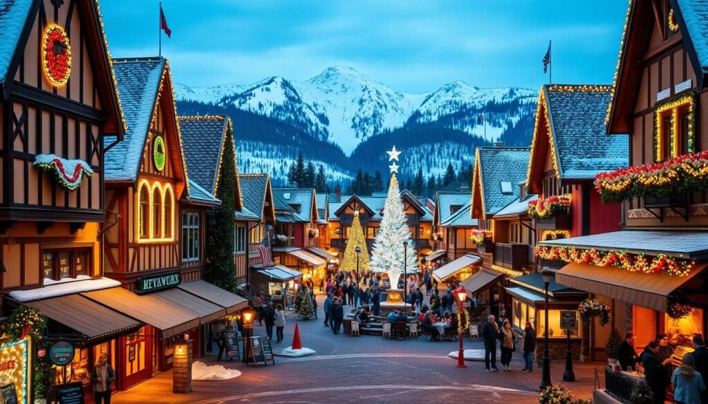 A picturesque winter scene in Leavenworth, Washington, as the town's iconic Bavarian-style buildings and streets are illuminated by a dazzling display of vibrant Christmas lights. The foreground features a cozy street lined with quaint shops and restaurants, their facades adorned with twinkling lights that cast a warm, festive glow. In the middle ground, a bustling town square is filled with people sipping mulled wine and hot cocoa, while the background showcases the majestic Cascade Mountains draped in a pristine blanket of snow. The image is captured with a wide-angle lens, accentuating the charming, fairytale-like atmosphere of this true winter wonderland. A picturesque winter scene in Leavenworth, Washington, as the town's iconic Bavarian-style buildings and streets are illuminated by a dazzling display of vibrant Christmas lights. The foreground features a cozy street lined with quaint shops and restaurants, their facades adorned with twinkling lights that cast a warm, festive glow. In the middle ground, a bustling town square is filled with people sipping mulled wine and hot cocoa, while the background showcases the majestic Cascade Mountains draped in a pristine blanket of snow. The image is captured with a wide-angle lens, accentuating the charming, fairytale-like atmosphere of this true winter wonderland.