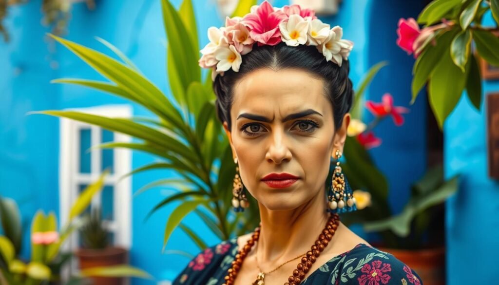 A portrait of Frida Kahlo, the iconic Mexican artist, set against the vibrant blue walls of her famous Casa Azul home in the Coyoacán neighborhood of Mexico City. Frida's distinct features are rendered in striking detail, her gaze intense and piercing. The composition places her in the foreground, surrounded by lush tropical plants and flowers that add a sense of warmth and vitality. Soft, natural lighting illuminates her face, casting gentle shadows that accentuate her strong features. The background subtly hints at the character of Coyoacán, with glimpses of the charming cobblestone streets and traditional Mexican architecture. An air of contemplation and artistic flair permeates the scene, capturing the essence of Frida Kahlo's world. A portrait of Frida Kahlo, the iconic Mexican artist, set against the vibrant blue walls of her famous Casa Azul home in the Coyoacán neighborhood of Mexico City. Frida's distinct features are rendered in striking detail, her gaze intense and piercing. The composition places her in the foreground, surrounded by lush tropical plants and flowers that add a sense of warmth and vitality. Soft, natural lighting illuminates her face, casting gentle shadows that accentuate her strong features. The background subtly hints at the character of Coyoacán, with glimpses of the charming cobblestone streets and traditional Mexican architecture. An air of contemplation and artistic flair permeates the scene, capturing the essence of Frida Kahlo's world.