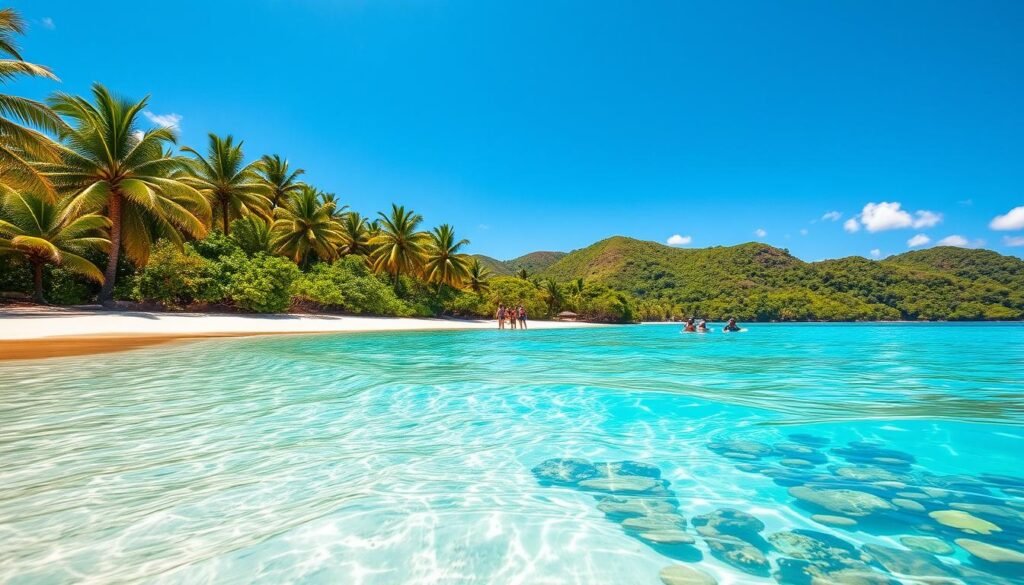 A pristine tropical beach on Isla Tortuga, Costa Rica. Soft white sand stretches out under a bright, cloudless sky. In the foreground, crystal-clear turquoise waters lap at the shore, revealing a vibrant coral reef teeming with colorful marine life. Lush, verdant palm trees line the beach, swaying gently in the warm ocean breeze. In the middle ground, a group of adventurous snorkelers explore the underwater wonderland, marveling at the abundant sea creatures. The background features rolling hills draped in lush, verdant foliage, creating a picturesque natural setting. The lighting is natural and golden, lending a serene, postcard-worthy atmosphere to the scene.