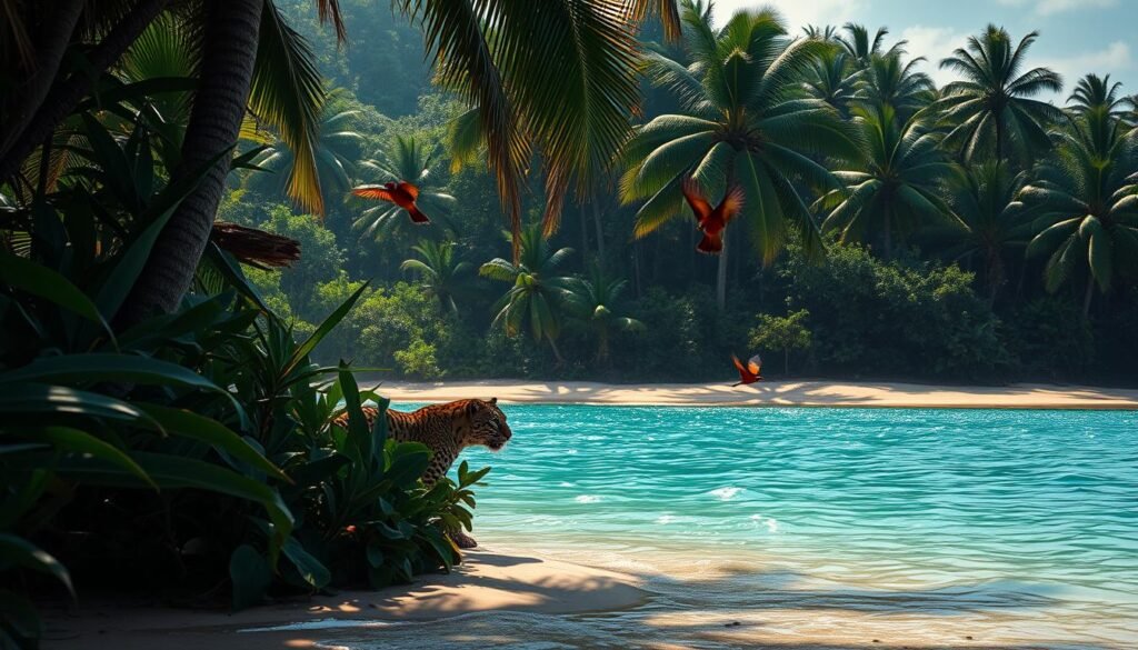 A pristine tropical island paradise, shimmering azure waters lapping against golden sands. In the lush verdant interior, a rare species of brightly-colored birds soar gracefully between towering palm fronds. A lone jaguar cautiously emerges from the dense undergrowth, its penetrating gaze capturing the viewer's attention. Dramatic natural lighting filters through the canopy, casting dramatic shadows and highlights over the scene. The tranquil atmosphere is punctuated by the distant calls of exotic wildlife, inviting the observer to immerse themselves in this untamed, primal realm. An untamed, once-in-a-lifetime encounter with the hidden wonders of our planet. A pristine tropical island paradise, shimmering azure waters lapping against golden sands. In the lush verdant interior, a rare species of brightly-colored birds soar gracefully between towering palm fronds. A lone jaguar cautiously emerges from the dense undergrowth, its penetrating gaze capturing the viewer's attention. Dramatic natural lighting filters through the canopy, casting dramatic shadows and highlights over the scene. The tranquil atmosphere is punctuated by the distant calls of exotic wildlife, inviting the observer to immerse themselves in this untamed, primal realm. An untamed, once-in-a-lifetime encounter with the hidden wonders of our planet.