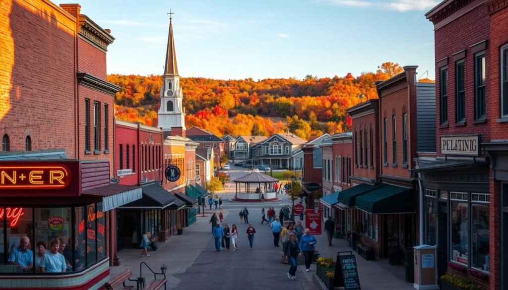 A quaint Midwest small town nestled in the rolling hills, with a charming main street lined with weathered brick buildings, mom-and-pop shops, and a towering church steeple. In the foreground, a classic American diner with neon signs and people gathered around the counter. In the middle, an old-fashioned town square with a bandstand and people strolling leisurely. In the background, rows of cozy homes with well-tended gardens and trees ablaze in autumnal hues. The scene is bathed in warm, golden afternoon light, capturing the nostalgic, peaceful atmosphere of the heartland.