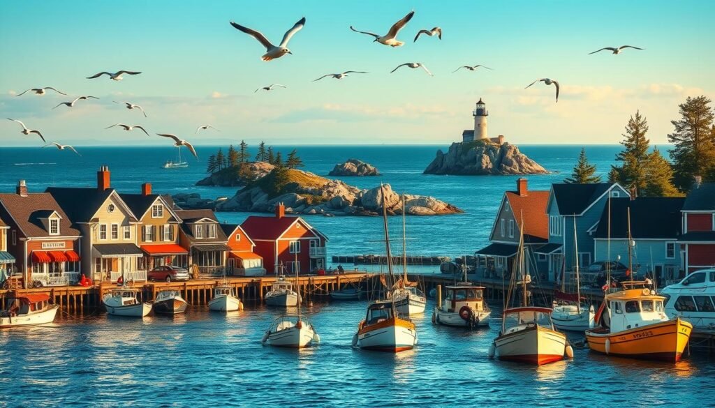 A quaint New England harbor town nestled along the rugged coastline of Stonington, Maine. In the foreground, fishing boats bob gently in the calm waters, their colorful hulls reflecting the warm glow of the afternoon sun. Charming clapboard buildings line the docks, their facades adorned with nautical accents and cheerful awnings. Seagulls soar overhead, their cries echoing across the harbor. In the middle ground, a historic lighthouse stands tall, its beacon guiding vessels safely to shore. Beyond, rocky islands dotted with pine trees rise from the choppy sea, inviting visitors to explore their wild, natural beauty by boat. An atmosphere of coastal tranquility and artistic flair permeates the scene, capturing the essence of this enchanting Maine destination.