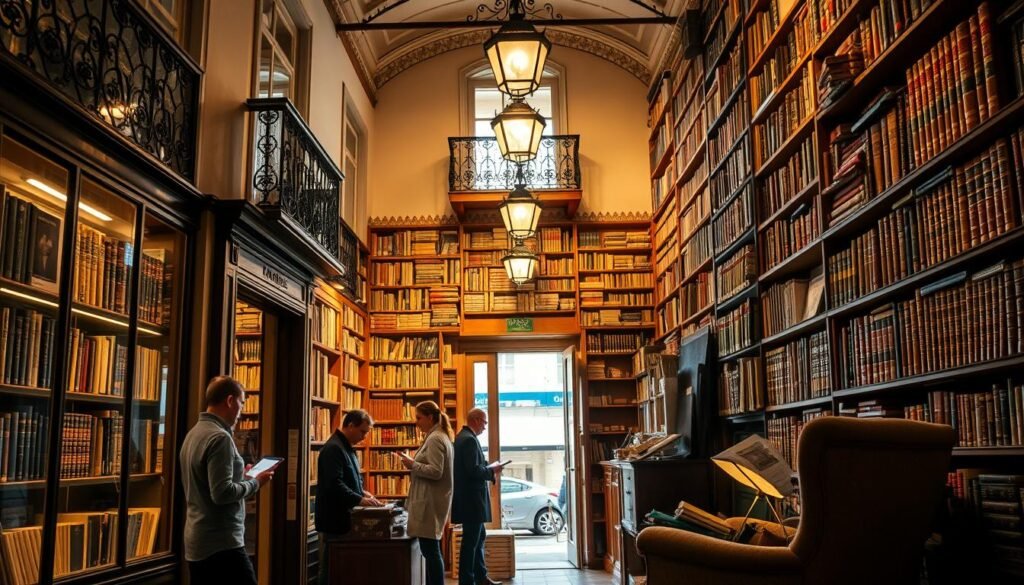 A quaint, cozy bookstore nestled in the heart of Lisbon's historic district, with sun-dappled shelves and inviting window displays. The exterior features a classic Portuguese facade, adorned with intricate tilework and wrought-iron balconies. Inside, the store is a labyrinth of towering bookshelves, filled with rare, leather-bound volumes and the scent of aged paper. Soft, warm lighting casts a gentle glow, creating an intimate atmosphere for browsing and discovering literary treasures. Patrons weave through the aisles, their faces illuminated by the glow of their e-readers, a testament to the timeless allure of the printed word. In the corner, a well-worn armchair beckons, inviting visitors to settle in and lose themselves in a captivating story.