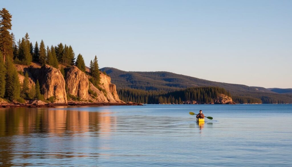 A remote, unspoiled island in Lake Superior, Isle Royale is a rugged wilderness dotted with pine forests, rocky shores, and pristine lakes. In the foreground, a tranquil cove reflects the towering cliffs and evergreen trees that line the shore. In the middle ground, a solitary kayaker paddles through the still waters, immersed in the serene island atmosphere. The background reveals the undulating hills and dense boreal forest that blanket the interior of this pristine national park, bathed in the warm, golden light of the setting sun. Capture the untamed beauty and off-the-grid adventure of this enchanting, isolated destination.