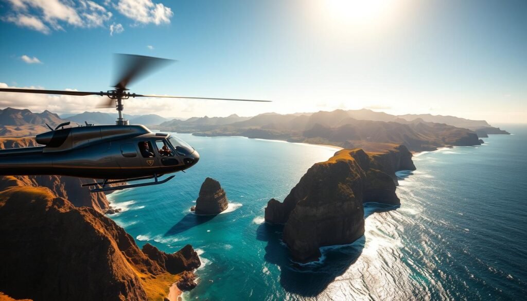 A rugged adventure helicopter soaring over majestic sea cliffs, its blades slicing through the crisp Hawaiian air. In the foreground, the sleek silhouette of the chopper navigates the dramatic coastline, its occupants gazing out in awe at the towering, jagged rock formations below. The middle ground reveals a pristine, azure ocean dotted with crashing waves, while the distant background is a tapestry of lush, verdant hills and mountains, their peaks kissed by wispy clouds. Warm, golden sunlight bathes the entire scene, casting a sense of wonder and exploration. The entire composition evokes a spirit of daring adventure and discovery, capturing the essence of Hawaii's most breathtaking natural landscapes. A rugged adventure helicopter soaring over majestic sea cliffs, its blades slicing through the crisp Hawaiian air. In the foreground, the sleek silhouette of the chopper navigates the dramatic coastline, its occupants gazing out in awe at the towering, jagged rock formations below. The middle ground reveals a pristine, azure ocean dotted with crashing waves, while the distant background is a tapestry of lush, verdant hills and mountains, their peaks kissed by wispy clouds. Warm, golden sunlight bathes the entire scene, casting a sense of wonder and exploration. The entire composition evokes a spirit of daring adventure and discovery, capturing the essence of Hawaii's most breathtaking natural landscapes.