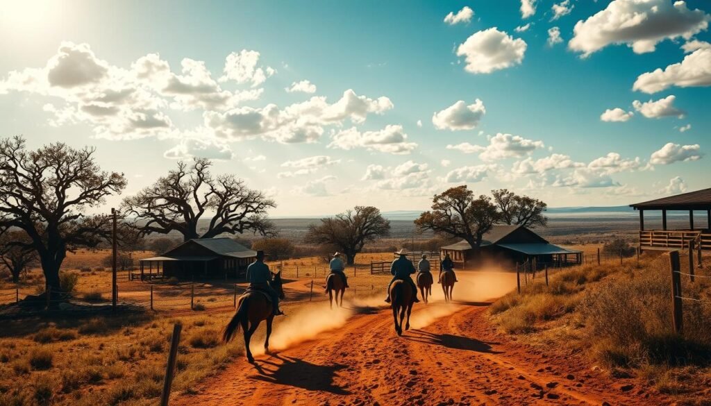 A rugged, sun-dappled Wildcatter Ranch nestled in the rolling Texas hills. In the foreground, a cowboy on a spirited horse leads a group of riders down a winding, dusty trail, kicking up clouds of red earth. Towering oak trees and weathered ranch buildings dot the middle ground, casting long shadows across the scene. The backdrop is a vast, azure sky dotted with fluffy clouds, framing the sprawling ranch and the distant, hazy horizon. The warm, golden lighting infuses the image with a sense of adventure and timeless Western charm.