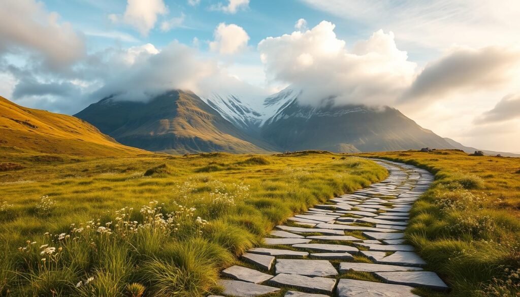 A rugged, windswept landscape unfolds, where rolling hills and secluded glens beckon the curious traveler. In the foreground, a weathered stone path winds through a lush, verdant meadow, dotted with wildflowers dancing in the gentle breeze. Towering, mist-shrouded mountains rise in the distance, their peaks capped with a dusting of snow, creating a dramatic backdrop. Warm, diffused sunlight filters through wispy clouds, casting a golden glow over the scene and accentuating the natural textures and colors. This off-the-beaten-path destination exudes an air of tranquility and timelessness, inviting the viewer to explore and discover the hidden gems that Ireland has to offer. A rugged, windswept landscape unfolds, where rolling hills and secluded glens beckon the curious traveler. In the foreground, a weathered stone path winds through a lush, verdant meadow, dotted with wildflowers dancing in the gentle breeze. Towering, mist-shrouded mountains rise in the distance, their peaks capped with a dusting of snow, creating a dramatic backdrop. Warm, diffused sunlight filters through wispy clouds, casting a golden glow over the scene and accentuating the natural textures and colors. This off-the-beaten-path destination exudes an air of tranquility and timelessness, inviting the viewer to explore and discover the hidden gems that Ireland has to offer.