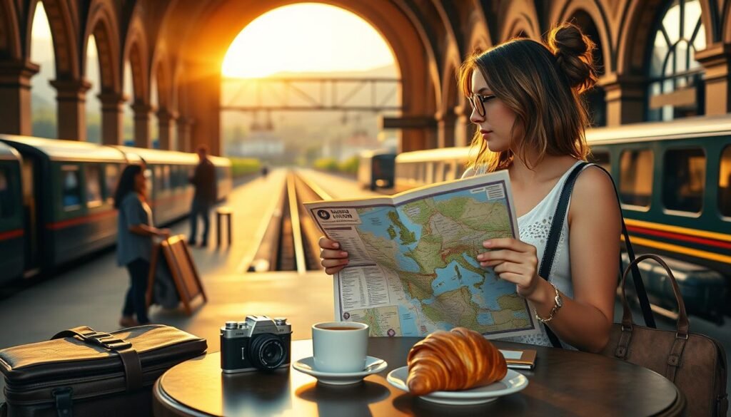A scenic European train station at golden hour, with a stylish young woman planning her day trip itinerary on a map. The station's grand architecture and warm, soft lighting create a cozy, inviting atmosphere. In the foreground, a cafe table with a cappuccino and croissant, along with a vintage 35mm camera, hinting at the photography to come. A vintage suitcase and messenger bag suggest an adventurous, well-traveled explorer. Through the station's arched windows, glimpses of lush, rolling hills and historic buildings in the distance, promising enchanting discoveries ahead. A scenic European train station at golden hour, with a stylish young woman planning her day trip itinerary on a map. The station's grand architecture and warm, soft lighting create a cozy, inviting atmosphere. In the foreground, a cafe table with a cappuccino and croissant, along with a vintage 35mm camera, hinting at the photography to come. A vintage suitcase and messenger bag suggest an adventurous, well-traveled explorer. Through the station's arched windows, glimpses of lush, rolling hills and historic buildings in the distance, promising enchanting discoveries ahead.