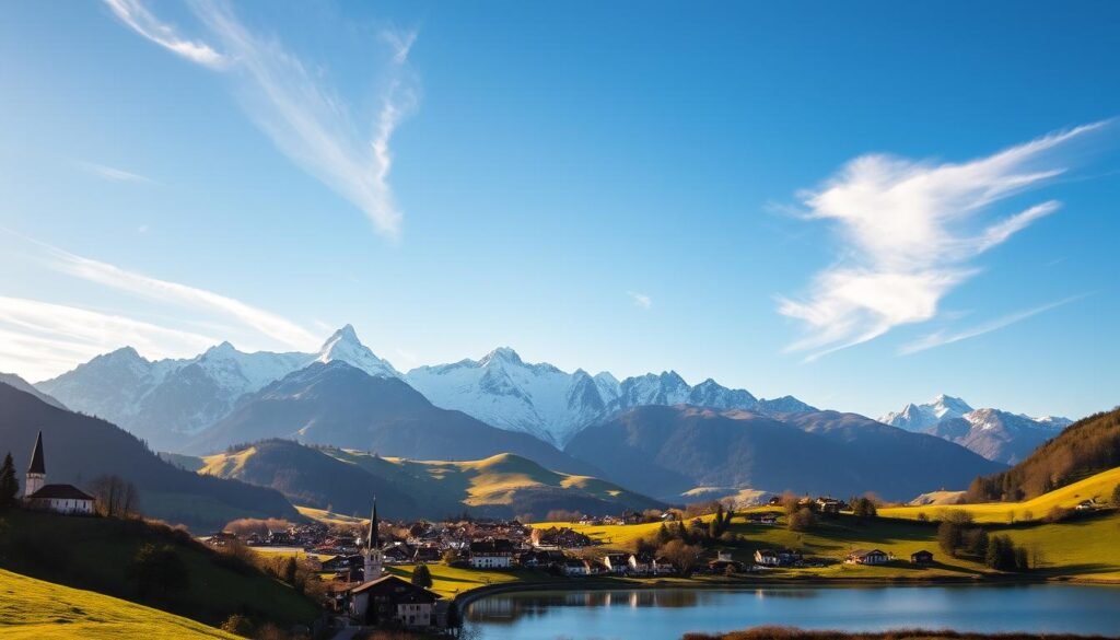 A scenic alpine landscape in Switzerland, bathed in warm golden light of a summer afternoon. In the foreground, a charming village nestled among rolling green hills, its quaint chalets and church steeples reflected in a serene lake. In the middle ground, majestic snow-capped peaks rise up, their jagged silhouettes cutting against a clear blue sky. Wisps of cloud drift lazily overhead, creating dynamic shadows that play across the mountainsides. The overall scene conveys a sense of tranquility and timeless beauty, inviting the viewer to imagine themselves immersed in the idyllic Swiss countryside. A scenic alpine landscape in Switzerland, bathed in warm golden light of a summer afternoon. In the foreground, a charming village nestled among rolling green hills, its quaint chalets and church steeples reflected in a serene lake. In the middle ground, majestic snow-capped peaks rise up, their jagged silhouettes cutting against a clear blue sky. Wisps of cloud drift lazily overhead, creating dynamic shadows that play across the mountainsides. The overall scene conveys a sense of tranquility and timeless beauty, inviting the viewer to imagine themselves immersed in the idyllic Swiss countryside.