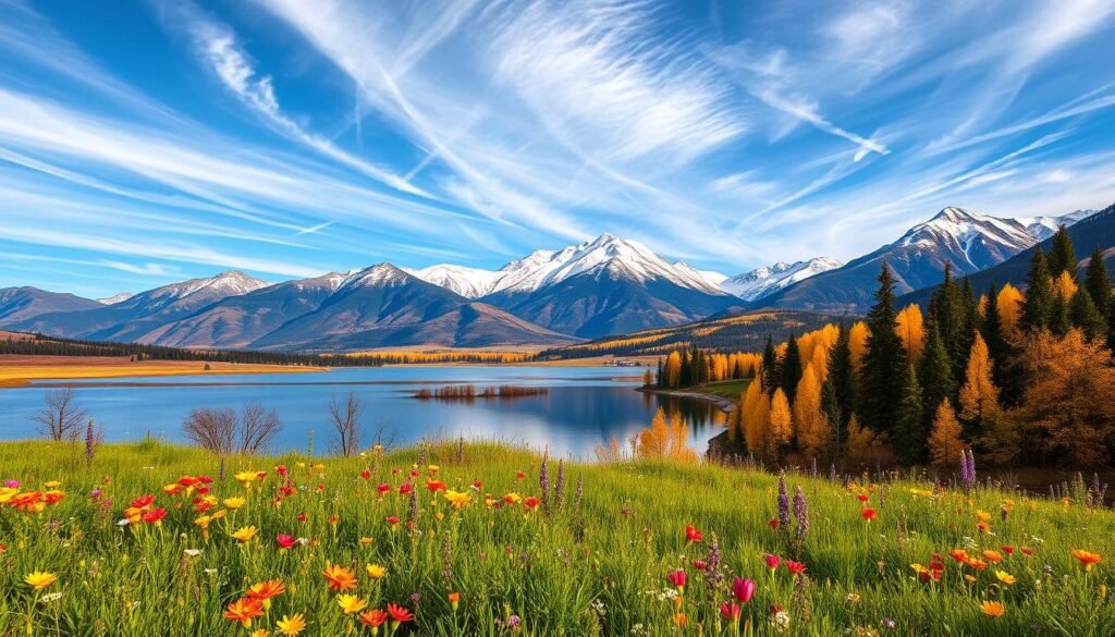 A scenic landscape depicting the essence of the four seasons. In the foreground, a lush, verdant meadow is adorned with vibrant wildflowers in bloom, capturing the essence of spring. The middle ground showcases a tranquil lake, its surface reflecting the warm, golden hues of an autumnal sunset. In the background, majestic snow-capped mountains rise, their peaks touched by the delicate, powdery snow of winter. Overhead, a vast, azure sky is punctuated by wispy cirrus clouds, casting a soft, ethereal light across the entire scene. The composition is balanced and harmonious, conveying a sense of the natural world's cyclical beauty and the wonder of the changing seasons. A scenic landscape depicting the essence of the four seasons. In the foreground, a lush, verdant meadow is adorned with vibrant wildflowers in bloom, capturing the essence of spring. The middle ground showcases a tranquil lake, its surface reflecting the warm, golden hues of an autumnal sunset. In the background, majestic snow-capped mountains rise, their peaks touched by the delicate, powdery snow of winter. Overhead, a vast, azure sky is punctuated by wispy cirrus clouds, casting a soft, ethereal light across the entire scene. The composition is balanced and harmonious, conveying a sense of the natural world's cyclical beauty and the wonder of the changing seasons.