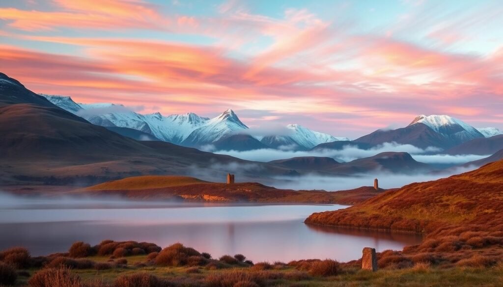 A scenic landscape of the Scottish Highlands, captured in the warm glow of golden hour. In the foreground, a misty loch reflects the majestic mountains beyond, their peaks dusted with a light covering of snow. In the middle ground, rolling hills dotted with heather and ancient stone ruins create a timeless pastoral scene. The background features a dramatic sky, streaked with vibrant hues of orange, pink, and purple, evoking the magic of the changing seasons. The overall mood is one of tranquility and wonder, inviting the viewer to imagine the best time to explore this enchanting land. A scenic landscape of the Scottish Highlands, captured in the warm glow of golden hour. In the foreground, a misty loch reflects the majestic mountains beyond, their peaks dusted with a light covering of snow. In the middle ground, rolling hills dotted with heather and ancient stone ruins create a timeless pastoral scene. The background features a dramatic sky, streaked with vibrant hues of orange, pink, and purple, evoking the magic of the changing seasons. The overall mood is one of tranquility and wonder, inviting the viewer to imagine the best time to explore this enchanting land.