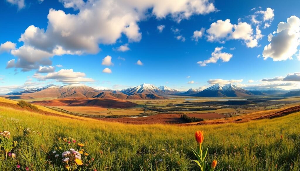 A scenic panorama of New Zealand's diverse seasons. In the foreground, a lush, verdant meadow with vibrant wildflowers in bloom. In the middle ground, rolling hills and snow-capped peaks, bathed in warm, golden sunlight. In the background, a vast, azure sky, dotted with fluffy, cumulus clouds. Transitioning through the seasons, the landscape shifts from the verdant greens of summer, to the russet hues of autumn, the stark, snowy whites of winter, and the fresh, pastel shades of spring. Captured with a wide-angle lens, this image conveys the majestic grandeur and ever-changing beauty of New Zealand's seasonal tapestry. A scenic panorama of New Zealand's diverse seasons. In the foreground, a lush, verdant meadow with vibrant wildflowers in bloom. In the middle ground, rolling hills and snow-capped peaks, bathed in warm, golden sunlight. In the background, a vast, azure sky, dotted with fluffy, cumulus clouds. Transitioning through the seasons, the landscape shifts from the verdant greens of summer, to the russet hues of autumn, the stark, snowy whites of winter, and the fresh, pastel shades of spring. Captured with a wide-angle lens, this image conveys the majestic grandeur and ever-changing beauty of New Zealand's seasonal tapestry.