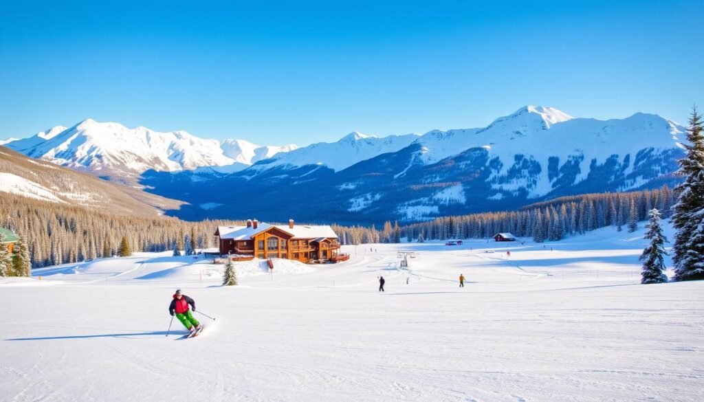 A scenic ski resort nestled in the heart of the Canadian Rockies, with powdery snow-covered slopes stretching out beneath a clear, crisp sky. In the foreground, a skier carves graceful turns, their vibrant ski gear and equipment standing out against the pristine white landscape. The middle ground features a cozy ski lodge, its warm, inviting lights casting a soft glow over the scene. In the background, majestic snow-capped mountains rise up, their jagged peaks silhouetted against the horizon. The entire image conveys a sense of winter adventure, the perfect representation of the best time to visit Banff for ski enthusiasts. A scenic ski resort nestled in the heart of the Canadian Rockies, with powdery snow-covered slopes stretching out beneath a clear, crisp sky. In the foreground, a skier carves graceful turns, their vibrant ski gear and equipment standing out against the pristine white landscape. The middle ground features a cozy ski lodge, its warm, inviting lights casting a soft glow over the scene. In the background, majestic snow-capped mountains rise up, their jagged peaks silhouetted against the horizon. The entire image conveys a sense of winter adventure, the perfect representation of the best time to visit Banff for ski enthusiasts.