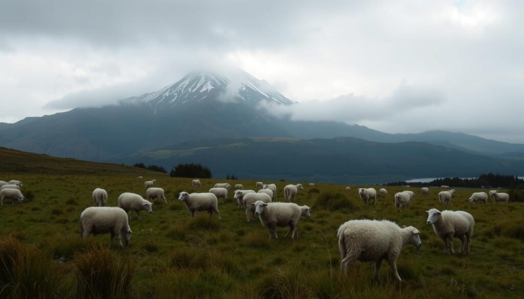 A scenic vista of New Zealand's ever-changing weather, captured with a wide-angle lens. In the foreground, a rain-soaked field dotted with grazing sheep, their wool glistening under an overcast sky. In the middle ground, a rolling hill range shrouded in mist, hinting at the temperamental nature of the climate. The background features a towering peak, its summit capped with a dusting of snow, a testament to the region's dramatic seasonal shifts. The lighting is soft and diffused, creating a moody, atmospheric feel that evokes the unpredictability of weather in this land of four seasons in a day. A scenic vista of New Zealand's ever-changing weather, captured with a wide-angle lens. In the foreground, a rain-soaked field dotted with grazing sheep, their wool glistening under an overcast sky. In the middle ground, a rolling hill range shrouded in mist, hinting at the temperamental nature of the climate. The background features a towering peak, its summit capped with a dusting of snow, a testament to the region's dramatic seasonal shifts. The lighting is soft and diffused, creating a moody, atmospheric feel that evokes the unpredictability of weather in this land of four seasons in a day.