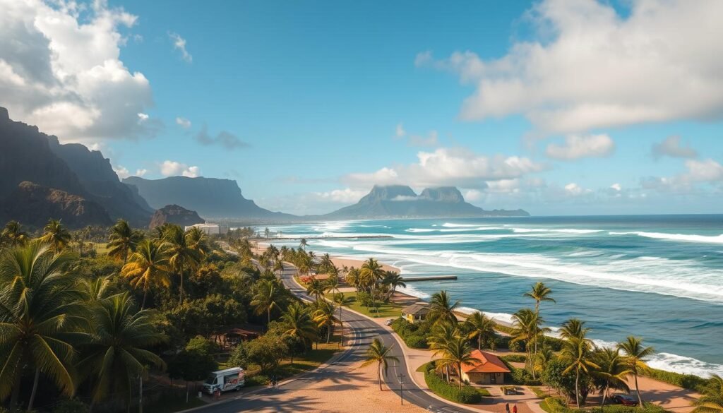 A scenic vista of Oahu's legendary North Shore, where towering waves crash against a rugged coastline. In the foreground, a picturesque beach dotted with swaying palm trees and beachgoers enjoying the warm sun. In the middle ground, a winding road flanked by lush, verdant landscapes and quaint local food trucks offering island-inspired cuisine. In the distance, the iconic silhouettes of Waimea Bay and Banzai Pipeline, renowned for their world-class surf breaks. Warm, golden lighting filters through wispy clouds, casting a serene, laid-back atmosphere over the entire scene. Captured through a wide-angle lens to showcase the breathtaking scale and beauty of this iconic Hawaiian destination.