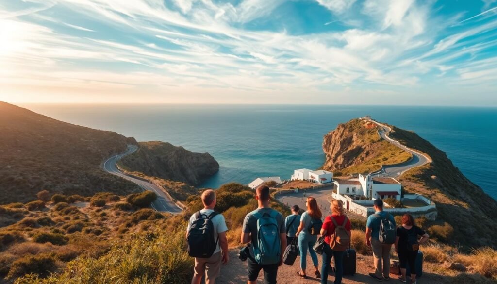 A scenic vista of a winding coastal road in Portugal, with rugged cliffs and azure waters stretching to the horizon. In the foreground, a group of travelers pause to admire the view, their backpacks and luggage suggesting they are on a multi-day adventure. The middle ground features lush vegetation and charming whitewashed buildings, while the background is dominated by dramatic skies with wispy clouds and warm, golden sunlight casting a serene, contemplative mood. Shot with a wide-angle lens to capture the grandeur of the landscape, this image evokes the sense of exploration and the rewards of a well-planned, immersive journey through Portugal.