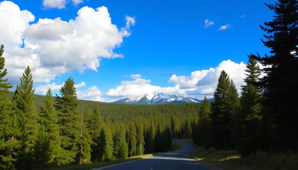 A scenic winding road cuts through a lush, verdant park, flanked by towering pine trees. The sky overhead is a brilliant azure, with fluffy white clouds drifting lazily. Sunlight filters through the canopy, casting a warm, golden glow over the scene. In the distance, a majestic mountain range rises, its snow-capped peaks piercing the horizon. The road is clear and accessible, inviting visitors to explore the natural beauty of the area. The mood is one of tranquility and adventure, perfectly capturing the essence of the Yellowstone experience. A scenic winding road cuts through a lush, verdant park, flanked by towering pine trees. The sky overhead is a brilliant azure, with fluffy white clouds drifting lazily. Sunlight filters through the canopy, casting a warm, golden glow over the scene. In the distance, a majestic mountain range rises, its snow-capped peaks piercing the horizon. The road is clear and accessible, inviting visitors to explore the natural beauty of the area. The mood is one of tranquility and adventure, perfectly capturing the essence of the Yellowstone experience.