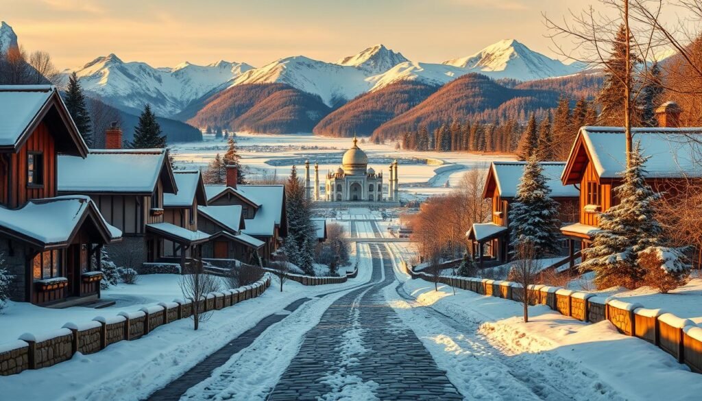 A scenic winter landscape with a central focal point showcasing the "best places to visit in February": a collection of iconic landmarks and natural wonders across different regions. The foreground features a snow-covered path winding through a picturesque village, with charming cottages, cobblestone streets, and a cozy fireplace visible through the windows. The middle ground showcases famous landmarks like the Eiffel Tower in Paris, the Taj Mahal in India, and the Northern Lights in Iceland, all set against a breathtaking backdrop of snow-capped mountains, frozen lakes, and lush evergreen forests. The lighting is a warm, golden hue, creating a serene and inviting atmosphere, as if capturing the essence of the "best places to visit in February". A scenic winter landscape with a central focal point showcasing the "best places to visit in February": a collection of iconic landmarks and natural wonders across different regions. The foreground features a snow-covered path winding through a picturesque village, with charming cottages, cobblestone streets, and a cozy fireplace visible through the windows. The middle ground showcases famous landmarks like the Eiffel Tower in Paris, the Taj Mahal in India, and the Northern Lights in Iceland, all set against a breathtaking backdrop of snow-capped mountains, frozen lakes, and lush evergreen forests. The lighting is a warm, golden hue, creating a serene and inviting atmosphere, as if capturing the essence of the "best places to visit in February".