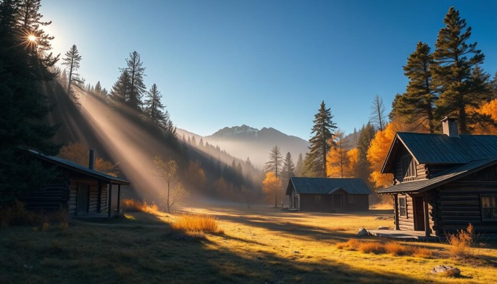 A secluded mountain valley, shrouded in the golden hues of autumn. Weathered, century-old cabins and barns emerge from the mist, their wooden facades etched with the echoes of bygone eras. Sunlight filters through the canopy of towering pines, casting a warm, ethereal glow over the scene. In the distance, the silhouettes of rugged peaks rise against a cloudless azure sky. This is a hidden gem, a forgotten pocket of Colorado's high country, where the past and present intertwine in a captivating, otherworldly tableau. A secluded mountain valley, shrouded in the golden hues of autumn. Weathered, century-old cabins and barns emerge from the mist, their wooden facades etched with the echoes of bygone eras. Sunlight filters through the canopy of towering pines, casting a warm, ethereal glow over the scene. In the distance, the silhouettes of rugged peaks rise against a cloudless azure sky. This is a hidden gem, a forgotten pocket of Colorado's high country, where the past and present intertwine in a captivating, otherworldly tableau.