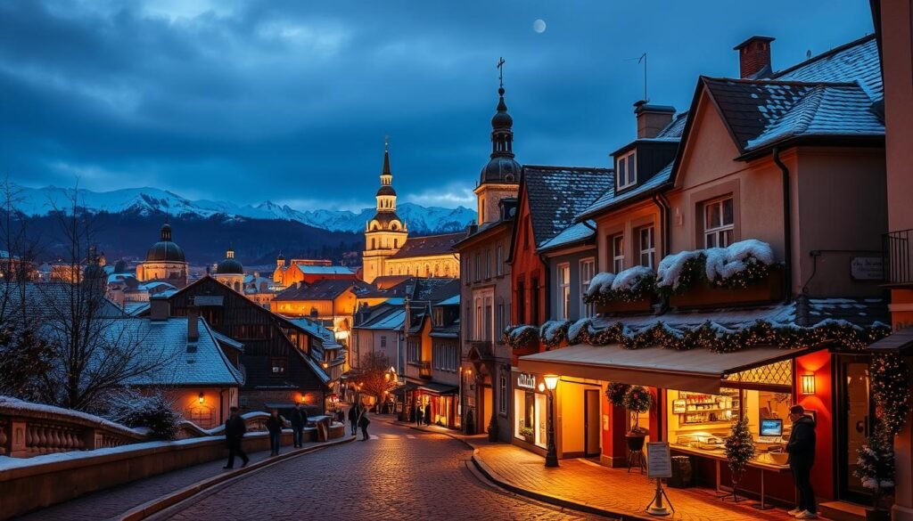A serene European winter cityscape, illuminated by the warm glow of twinkling lights. Cobblestone streets wind through a picturesque old town, lined with charming buildings adorned with festive decorations. In the foreground, a cozy café casts a soft amber light, inviting passersby to step inside and enjoy a hot beverage. In the middle ground, historic church spires and domes rise against a dusky sky, while in the distance, snow-capped mountains loom, creating a breathtaking backdrop. The scene is bathed in a soft, golden hue, capturing the magical, winter ambiance of a quintessential European destination. A serene European winter cityscape, illuminated by the warm glow of twinkling lights. Cobblestone streets wind through a picturesque old town, lined with charming buildings adorned with festive decorations. In the foreground, a cozy café casts a soft amber light, inviting passersby to step inside and enjoy a hot beverage. In the middle ground, historic church spires and domes rise against a dusky sky, while in the distance, snow-capped mountains loom, creating a breathtaking backdrop. The scene is bathed in a soft, golden hue, capturing the magical, winter ambiance of a quintessential European destination.