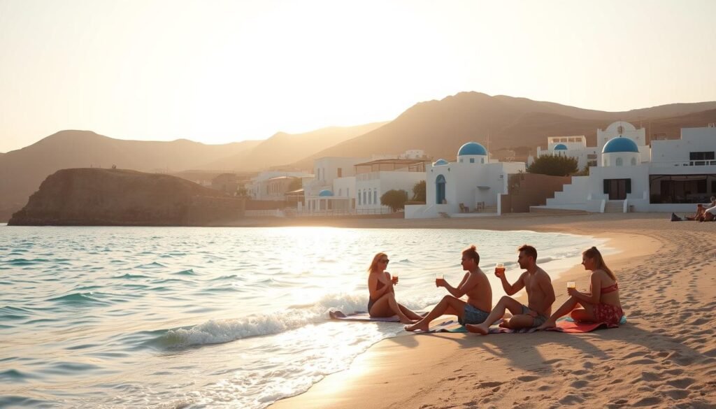 A serene Greek island beach at sunset, with crystal-clear turquoise waters lapping at the shore. In the foreground, a group of friends casually lounging on colorful beach towels, drinks in hand, capturing the carefree island vibe. In the middle ground, a row of whitewashed buildings with blue domed roofs, typical of the Cycladic architecture. The background features dramatic cliffs and rolling hills, with a warm, golden light filtering through the hazy atmosphere. The overall scene exudes a sense of relaxation, exploration, and the quintessential Mediterranean lifestyle.