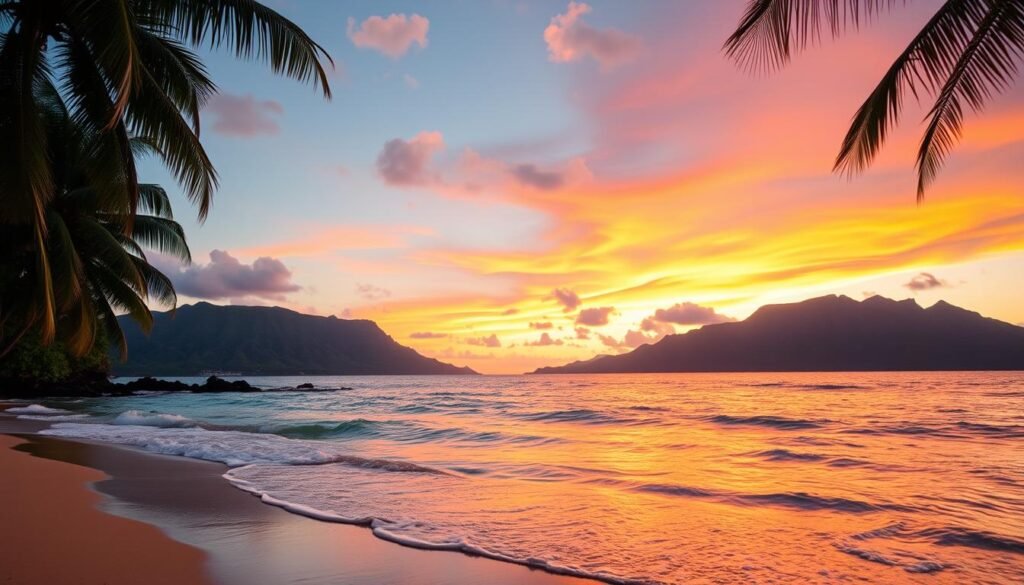 A serene Hawaiian beach at golden hour, with gently lapping waves and swaying palm trees in the foreground. The middle ground features a stunning sunset over the Pacific Ocean, with vibrant hues of orange, pink, and purple in the sky. In the distance, majestic volcanic peaks rise up, their slopes covered in lush, verdant foliage. The overall atmosphere is one of tranquility, natural beauty, and the perfect embodiment of the ideal time to visit Hawaii. A serene Hawaiian beach at golden hour, with gently lapping waves and swaying palm trees in the foreground. The middle ground features a stunning sunset over the Pacific Ocean, with vibrant hues of orange, pink, and purple in the sky. In the distance, majestic volcanic peaks rise up, their slopes covered in lush, verdant foliage. The overall atmosphere is one of tranquility, natural beauty, and the perfect embodiment of the ideal time to visit Hawaii.