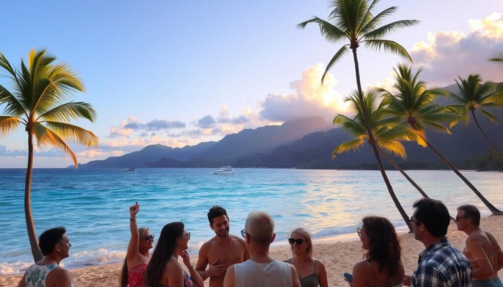 A serene Hawaiian beach at sunset, with palm trees swaying in the gentle breeze. In the foreground, a group of tourists excitedly discussing their flight and hotel deals, their faces lit by the warm glow of the setting sun. The middle ground features a calm, turquoise ocean, with a few small boats dotting the horizon. In the background, lush, verdant mountains rise up, creating a picturesque backdrop. The overall scene conveys a sense of tranquility and the joy of finding the best travel bargains to experience the beauty of the Hawaiian islands. A serene Hawaiian beach at sunset, with palm trees swaying in the gentle breeze. In the foreground, a group of tourists excitedly discussing their flight and hotel deals, their faces lit by the warm glow of the setting sun. The middle ground features a calm, turquoise ocean, with a few small boats dotting the horizon. In the background, lush, verdant mountains rise up, creating a picturesque backdrop. The overall scene conveys a sense of tranquility and the joy of finding the best travel bargains to experience the beauty of the Hawaiian islands.